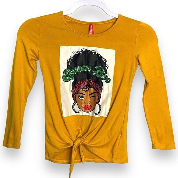 Queen Bee Cute For You Graphic Print Top Girls M Golden Yellow Tie Front Casual - Picture 2 of 8